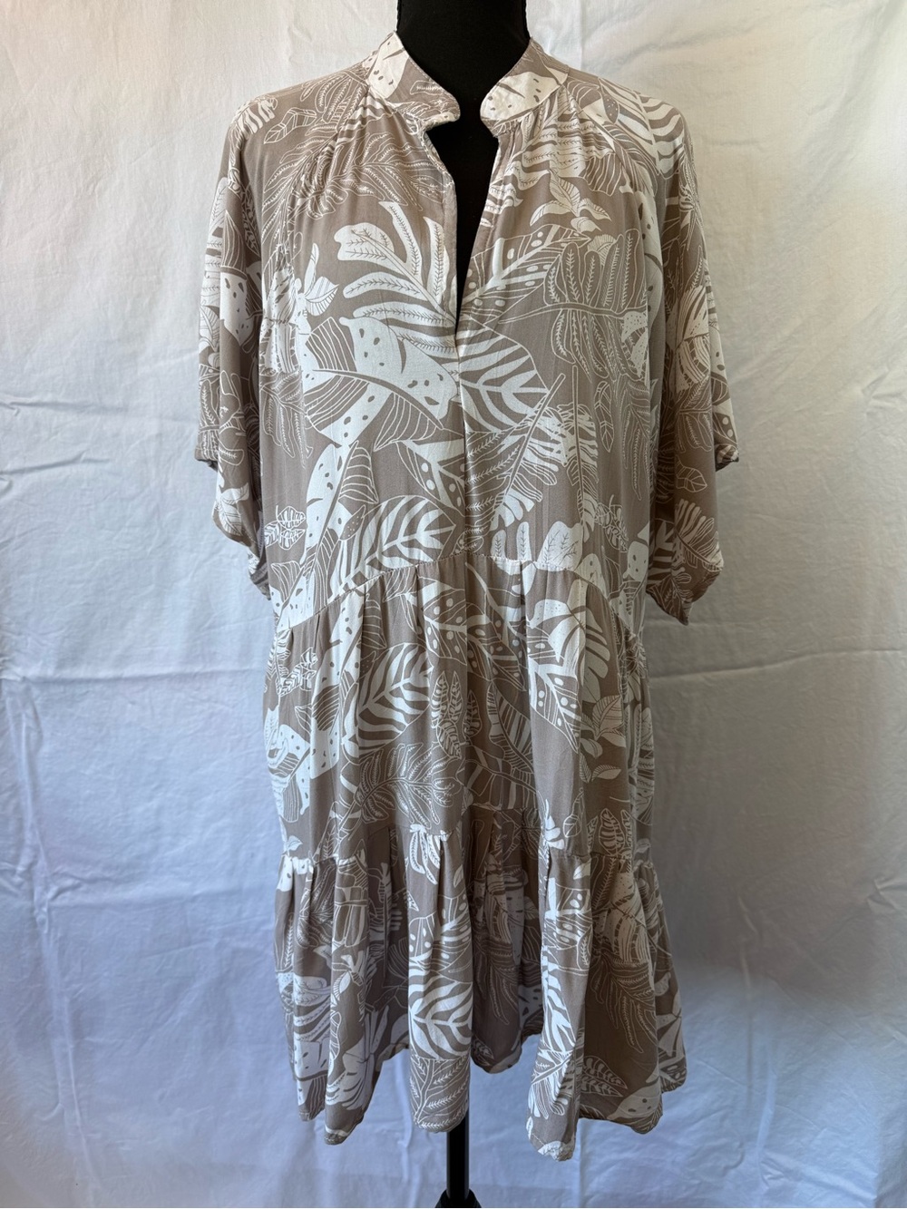 Taupe & White Tropical Print Swim Cover-Up Dress